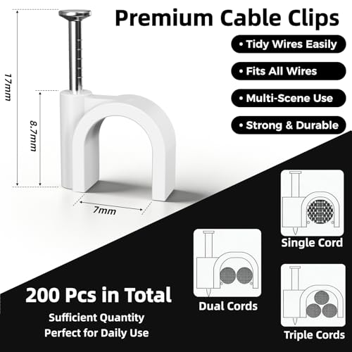 200 Pcs Cable Clips Nail in, Cord Clips Ethernet Cables Wire Wall Clips Cable Straps Cables Tacks Cable Nails Coax Cable Clips Cable Management for Speaker 7mm Cat6 - White
