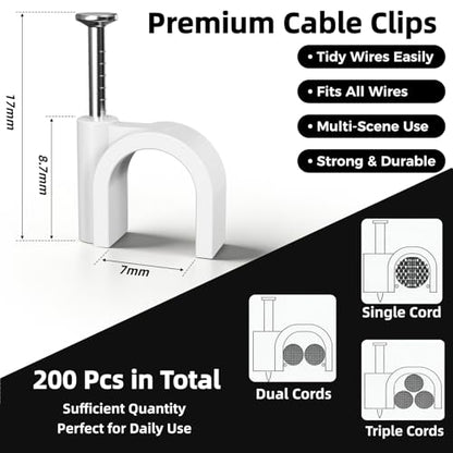 200 Pcs Cable Clips Nail in, Cord Clips Ethernet Cables Wire Wall Clips Cable Straps Cables Tacks Cable Nails Coax Cable Clips Cable Management for Speaker 7mm Cat6 - White