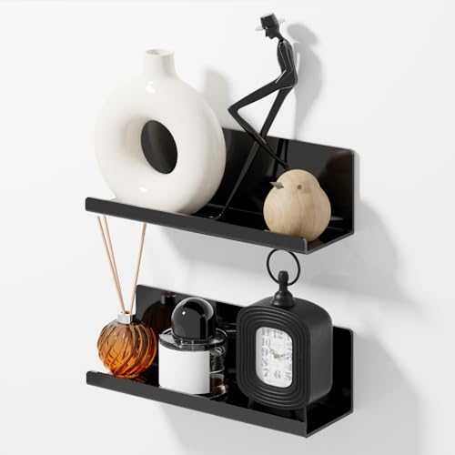PAVSTINE Acrylic Floating Shelves for Wall No Drilling, Self Adhesive Space-Saving Shelves, 12 Inch Floating Shelf Stick on Wall Shelf, for Bathroom, Kitchen, Bedroom, Office, Gaming Room, Black - color: Black