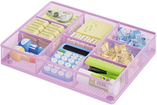 Marbrasse Desk Drawer Organizer, Metal Mesh Drawer Organizer Tray with 5 Adjustable Compartments,Desk Organizers and Accessories for Home,Office,Kitchen,Makeup,Vanity (Purple) - color: Purple