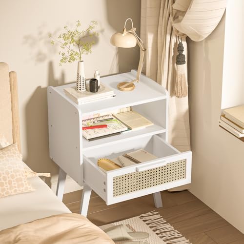 Lerliuo Rattan Nightstand, Bedside Table with Drawer Open Shelf, Cane Accent Side End Table with Solid Wood Legs, White Mid Century Night Stand for Bedroom, Dorm and Small Spaces - color: White With Natural, size: 1 pack