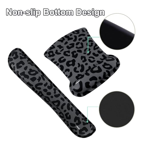 MOSISO Wrist Rest Support for Mouse Pad&Keyboard Set, Ergonomic Large Leopard Grain Desk Mat&Coaster Set, Non-Slip Mousepad&Pain Relief&Easy Typing Cushion with Memory Foam for Home Office, Black