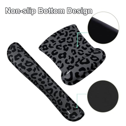 MOSISO Wrist Rest Support for Mouse Pad&Keyboard Set, Ergonomic Large Leopard Grain Desk Mat&Coaster Set, Non-Slip Mousepad&Pain Relief&Easy Typing Cushion with Memory Foam for Home Office, Black