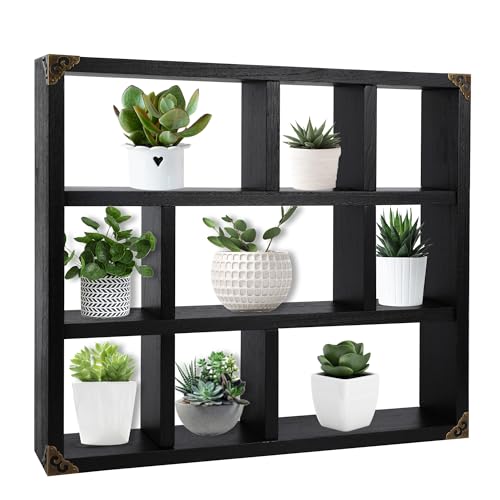 17.7x15.7-Inch Shadow Box Shelf 9-Slot Rustic Floating Shelves Larger Wall Mounted Lightweight Solid Wood Display Freestanding Farmhouse Shelf (9C-Classic Black) - color: 9c-classic Black, size: 1 PCS