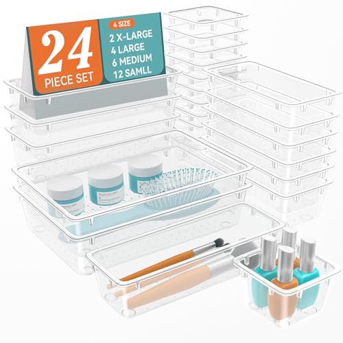 ElegantArray 24 PCS Drawer Organizer Set, 4 Sizes Tool Storage Trays, Clear Plastic Makeup Vanity Organizer and Storage Bins for Makeup, Stationeries, Multiple Gadgets for Bathroom, Office, Bedroom - color: Milky, size: 24 PCS