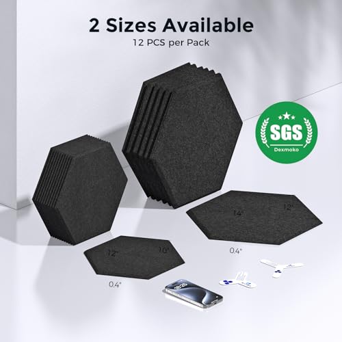 Self-Adhesive Acoustic Panels [390 lbs/yd³ Ultra-High Density], 2nd Generation Sound Absorbing Panel, Professional Level Sound Panel, Polyester Soundproof Foam [Medium Hexagon, Pure Black] - color: Black, size: Medium Hexagon (12''x10''x0.4'')