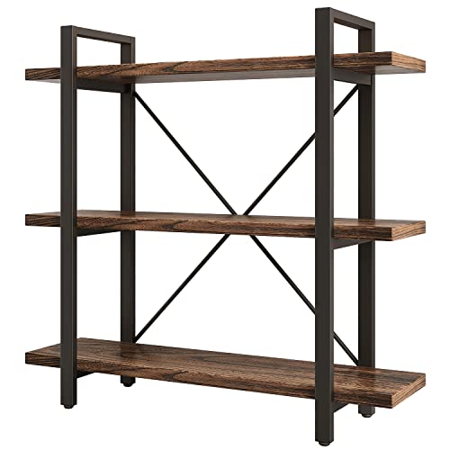 3 Tier Bookshelf Modern Rustic Open Bookshelf Office Solid Wood Bookcase and Book Shelves Wood and Metal Shelving Unit,Distressed Brown (AY-02-3Tier) - size: 3Tier