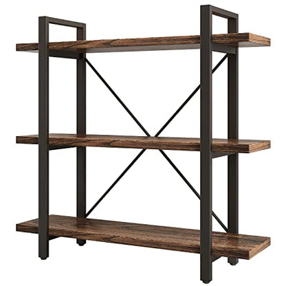 3 Tier Bookshelf Modern Rustic Open Bookshelf Office Solid Wood Bookcase and Book Shelves Wood and Metal Shelving Unit,Distressed Brown (AY-02-3Tier) - size: 3Tier