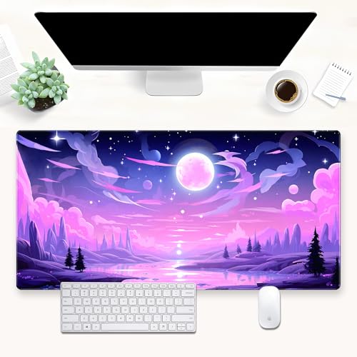 Extended Gaming Mouse Pad XL, Pink Purple Anime Desk Mat 31.5x15.7 | Aesthetic large mousepad featuring a magical purple moon and cloud design. Perfect for cute anime desk setups. - color: Pink Moon Lake