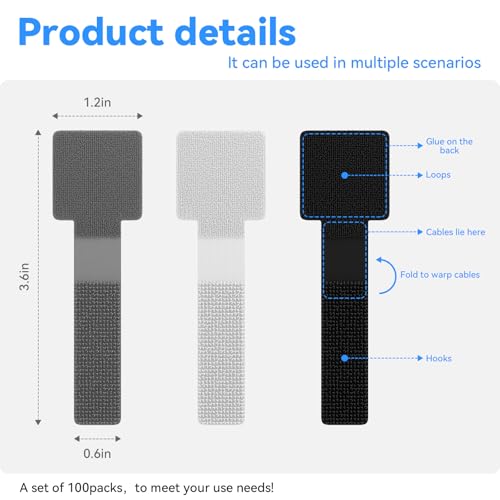 100Pcs Cable Straps Hook and Loop Cable Ties - Cable Holder for Desk Cable Management Under Desk - Computer Cord Organizer for Home Office Gaming Setup - Black - color: Black 100pcs