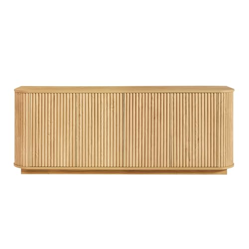64" Modern TV Stand Sideboard Storage Cabinet, Wooden Curved TV Console with Sliding Doors, Wave Pattern Buffet Cabinet Wooden Vertical Striped Table for Kitchen/Bedroom/Entryway (Natural) - color: Natural