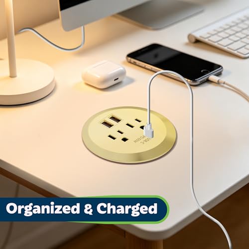TOPGREENER GaN Desk Grommet with 65W PD for MacBook, Desktop Power Grommet with 1 Fast Charging USB-C Port, 2 USB-A Ports and Duplex Receptacles, TTRP48APD60-GD, Gold - color: Gold