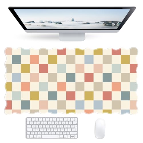Checkered Colorful Scalloped Mouse Pad,Cute Boho Gingham Large Desk Mat Non-Slip Rubber Base,Aesthetic Decor Gaming Desk Pad for Office Laptop Mouse Keyboard Pad, 31.5" x 15.7", XL - color: Checkered Boho Beige