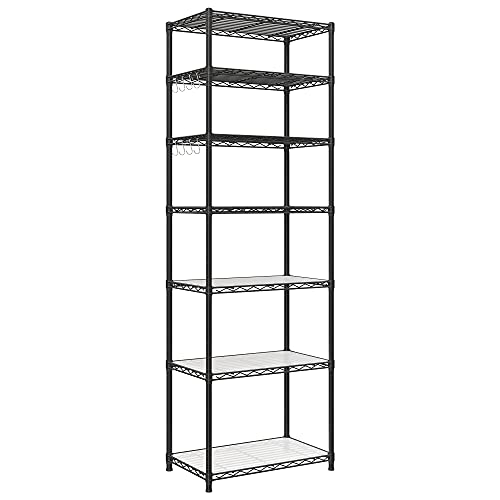 SONGMICS 7-Tier Storage Shelves, Wire Shelving Unit, Kitchen Metal Shelves, Storage Rack with Adjustable Shelves, Shelf Liners, 8 Hooks, for Garage, 13.4 x 23.2 x 70.9 Inches, Black ULGR067B01 - color: Ink Black, size: 7 Tiers (13.4"D x 23.2"W)