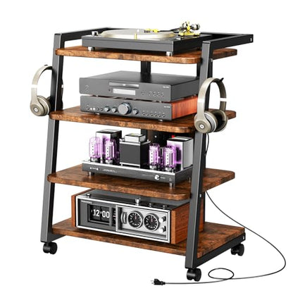 CABTE Mobile AV Media Stand with Outlets and 4 Rolling Caster Wheels, 4-Tier Rolling TV Stand for Gaming Console, Stereo, DVD Player, Sturdy Metal Frame, Versatile Living Room,Bedroom (Retro Brown) - color: Retro Brown