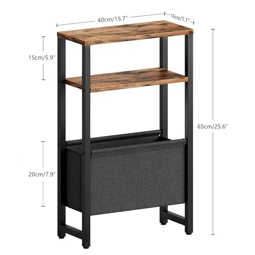 Narrow Side Table, Slim End Table with Magazine Rack, Skinny Bedside Table for Small Spaces, 3 Tier Sofa Couch Table Nightstand for Living Room, Bedroom, Rustic Brown LET503R - color: Rustic Brown, style: No Charging Station