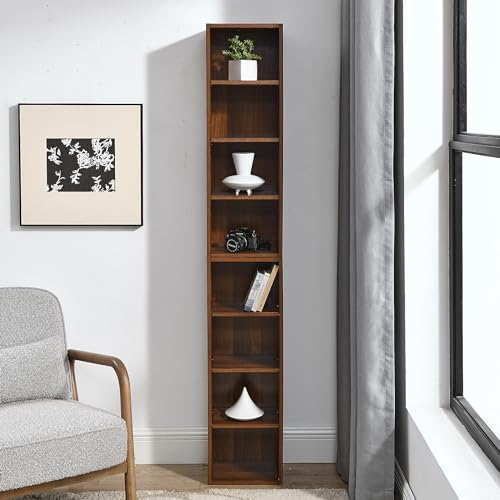 GDFStudio 8-Tier Media Tower Rack, Tall Slim CD DVD Storage Cabinet with Adjustable Shelves, Freestanding Double Bookcase Organizer, Narrow Display Bookshelf for Living Room or Home Office, Walnut - color: Walnut