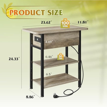 WLIVE End Table with Charging Station, Flip Top Narrow Side Table with Storage Shelf, Small Nightstand with USB Ports and Outlets,Bedside Table for Living Room, Bedroom,11.81" D x 23.62" W x 24.33" H - color: Greige