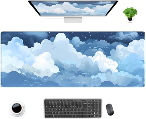 Desk Mat Blue and White Puffy Clouds Desk Pad Cute Gaming Mouse Pad XL Large Mousepad Anime Desk Matt for Desktop, Laptop Computer Keyboard Mouse Mat for Women Office Decor Accessories 31.5x11.8 in - color: Blue and White Clouds, size: 31.5" x 11.8"