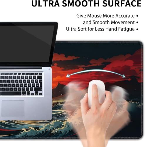 Japanese Sea Wave Large Mouse Pad,Gaming Keyboard Desk Pad,Extended Mouse Mat Non-Slip Rubber Base with Stitched Edges for Office Game Home XXL 35.4"x15.7" - color: Japanese Wave, size: 35.4L x 15.7W inches