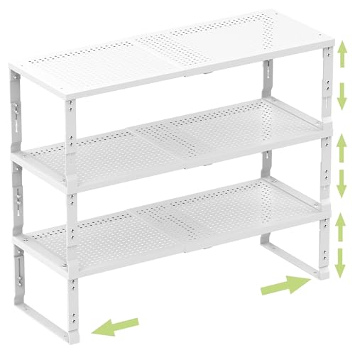 Heavy-Duty Adjustable Metal Shelf Organizer - Expandable & Stackable Pantry Storage Rack for Kitchen, Bathroom, RV, Cabinets(3 Packs/White,Medium) - color: 3 Packs/White, size: M:7.8"D x 16.5"W x 8.2"H