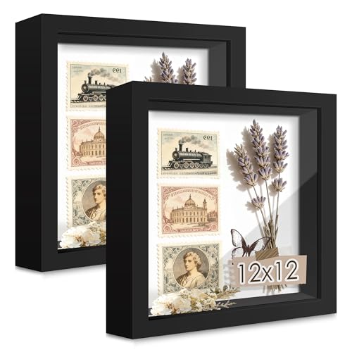 Picrit Shadow Box Frame 12x12 Set of 2, Display Case Box with High Definition Real Glass and Black Back for Memorabilia, Baby Items, Wedding Memories, Crafts, Tickets and Photos, Black - color: Black, size: 12x12-2P