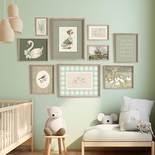 Vodefoad Sage Green Nursery Wall Art Set Vintage Cute Kids Nursery Wall Decor Baby Girl Room Decor Swan Rabbit Brid Duck Landscape Canvas Painting Retro Antique Green Nursery Poster Girls Gallery Art for Kids Bedroom, Nursery Room Decor- Unframed - color: