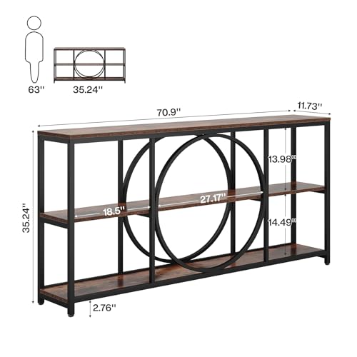 Tribesigns Extra Long Console Table, 70.9 inch Narrow Sofa Tables with 3 Tier Wood Storage Shelves Industrial Metal Frame for Entryway Hallway Living Room Behind Couch, Rustic Brown Black - color: Black Brown