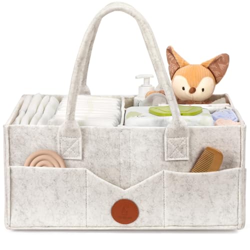 Maliton Baby Diaper Caddy, Nursery Storage Bin & Car Organizer with Handle, Large Felt Bag for Newborn essentials Boy or Girl, Changing Table Organizer for Baby Stuff, 15" x 9" x 7" Baby Shower Basket - color: WHITE, size: Large