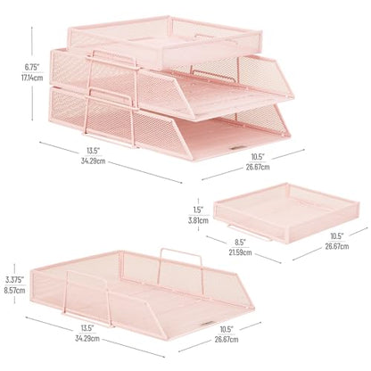 Mind Reader 2 Tier Paper Tray with Top Supply Compartment, Desktop File Organizer, Metal Mesh, Pink - color: Pink