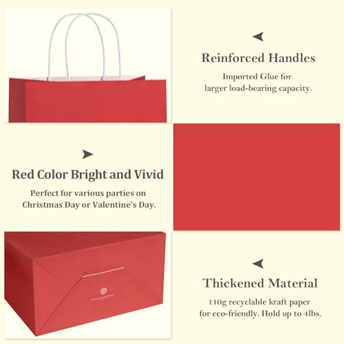 BagDream Red Gift Bags 10x5x13 Inch 100Pcs Large Kraft Paper Bags Bulk for Christmas, Wedding, Party Favors, Business, Retail, Grocery Paper Sacks with Handles - color: Red