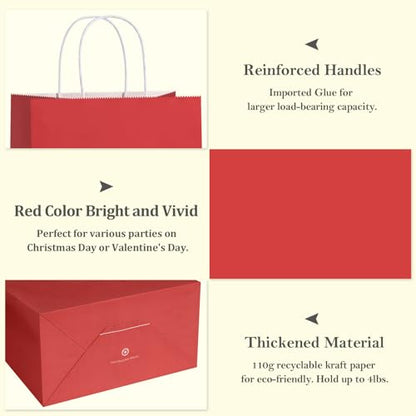 BagDream Red Gift Bags 10x5x13 Inch 100Pcs Large Kraft Paper Bags Bulk for Christmas, Wedding, Party Favors, Business, Retail, Grocery Paper Sacks with Handles - color: Red