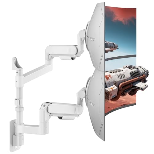 ARES WING Dual Monitor Wall Mount for 24-57 Inch Ultrawide Screens, Premium Heavy Duty Monitor Arm Holds 60 lbs, Full Motion Gas Spring, Bearing Head for Easy Adjustment, 75/100 VESA Mount, White - color: White, size: Dual Monitor Arm