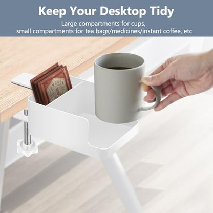 2-in-1 Clamp-On Cup Holder for Desk,Durable Metal Dual Storage for Phone & Mugs & Tea Bags & Pens，Space-Saving Gaming Desk Accessories,Table Top Organizer