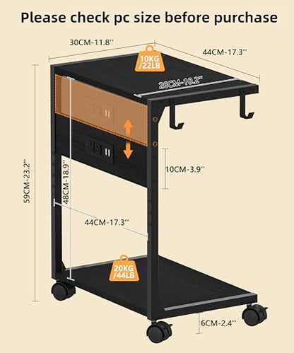 Akxomel 2 Tier Computer Tower Stand with Charging Station, 11.8" D x 16.5" W Rolling Floor PC Tower Stand Fits Under Desk, CPU Holder Cart for Carpet with Hooks, Home Office - color: Black