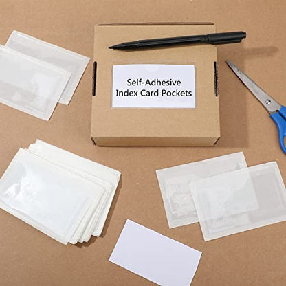 Outus 100 Pcs 4.1 x 2.5 Inch Clear Self Adhesive Pockets - Bin Labels for Storage Bins, Pocket Label Sleeves, Plastic Index Card Holder with Top Open for Organizing Bins Box Drawer - size: 4.1 x 2.5 Inch