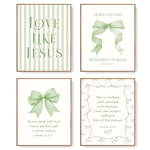 LARTSFRO Coquette Sage Green Bow Jesus Wall Art Decor Posters, Green Bow Christian Room Bedroom Bathroom Wall Art Decor Aesthetic for Teen Girls Gifts, Inspirational Bible Verses Bow Wall Decor, 8x10 Inch Set of 4 Bow Pictures(UNFRAMED) - color: green bow