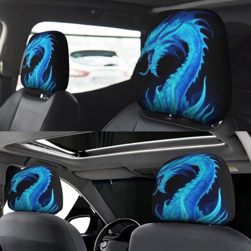 Dujiea 2 Pack Fire Blue Dragon Car Headrest Covers, Universal Soft Car Seat Head Rest Cover Protector, Vehicle Accessories Fabric Headrest Cover for Cars Vans Trucks - color: Fire Blue Dragon