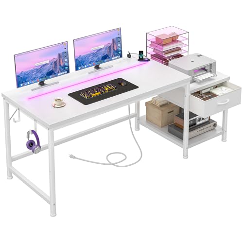 DurayLoly 56 Inch White Computer Desk with Printer Shelf, Power Outlet & LED Lights, Reversible Office Desk with Drawers & Hooks for Headphone, Bags for Bedroom,Dorm,Teens Study Room,White - color: White, size: 56inch