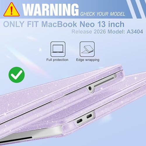 May Chen Compatible with MacBook Neo 13 inch Case 2026 Model A3404, Plastic Hard Shell,Keyboard Cover,Screen Protector,Dust Plug, for MacBook Neo 13" with A18 Pro Chip, Glitter Purple - color: Glitter Purple