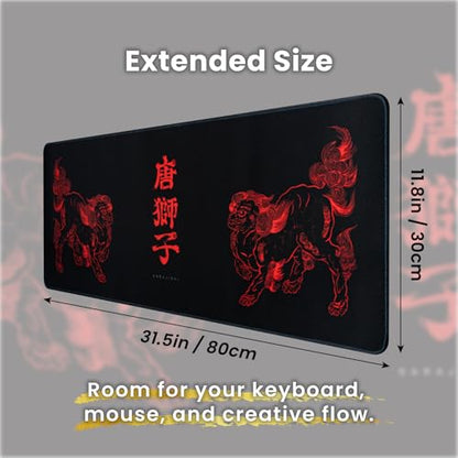 BELLEMOND Japanese Art Desk Mat | Large 31.5x11.8in Anime Mouse Pad for Keyboard & Mouse | Non-Slip Base, Water-Repellent | Original Japanese Design | Kara-jishi - Twin Lions - color: Kara-jishi - Twin Lions