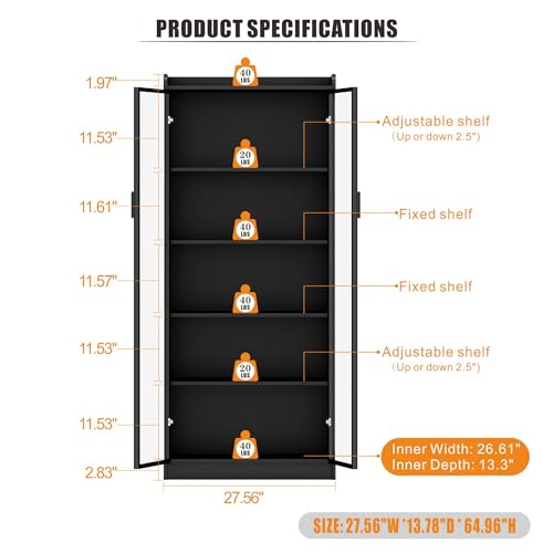 Dystler 65" Tall 5-Tier Display Cabinet with Doors and Adjustable Shelves | Curio Case Bookcase for Collectibles & Models, Motion Sensor LED Lights for Bedroom Living Room Office, Black - color: Black