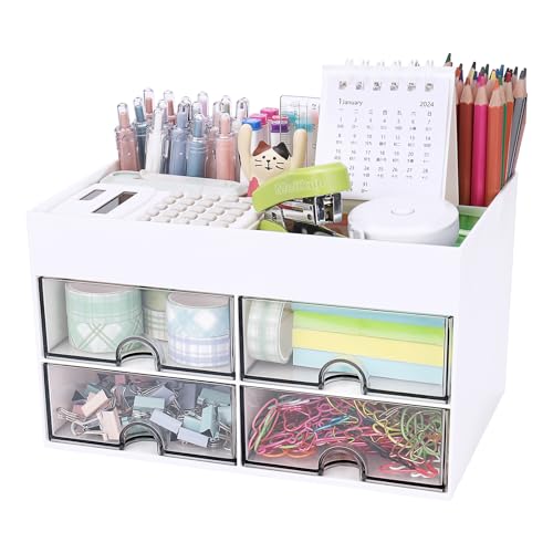 Meiikun Desk Organizer, Office Organizer with Drawer, Desk Accessories & Workspace Organizers, Pen Holder Office Supplies for Desk (4 Drawers+4 Compartments, White) - color: 4 Compartments + 4 Drawer (White)