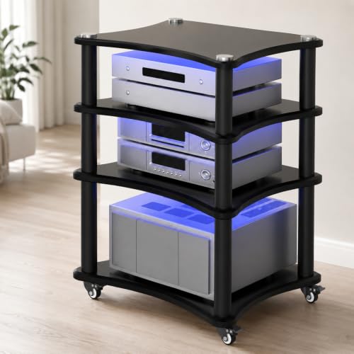 4-Tier AV Media Stand with LED Lights, Heavy Duty Mobile Stereo Cabinet Stand with Wheels, Wooden Stereo Rack, Audio Rack Furniture Perfect for DVD Player/Game Console (with Lights, 4 Tier) - color: With Lights, size: 4 Tier