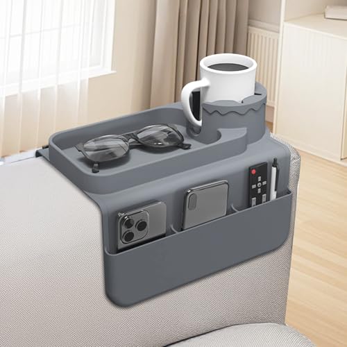 Couch Cup Holder Tray, Silicone Sofa Armrest organizer with Side Pockets for Storage Remotes, Cell-phone,Tablet or Snack, Anti-Spill and Anti-Slip Sofa Arm Tray for Recliner, Armchair Caddy (Gray) - color: Gray
