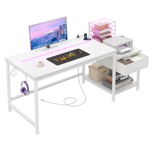 DurayLoly 48" White Desk with Printer Shelf & Power Outlets – Reversible Computer Desk with LED Lights, Drawer & Headphone Hook for Dorm,Teens Study Room,White - color: White, size: 48inch
