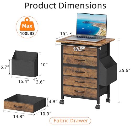 HIGDBFE 5 Fabric Drawers File Cabinet with Side Pocket, Rolling Printer Stand with Storage for Home Office, Wood Top Storage Cabinet Office Storage for Documents and Crafts, Rustic Brown, 15" D - size: 15"D (5 Drawers)