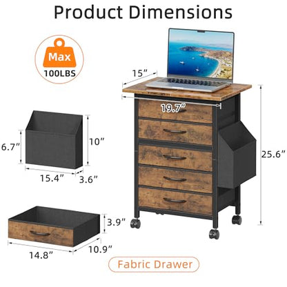 HIGDBFE 5 Fabric Drawers File Cabinet with Side Pocket, Rolling Printer Stand with Storage for Home Office, Wood Top Storage Cabinet Office Storage for Documents and Crafts, Rustic Brown, 15" D - size: 15"D (5 Drawers)