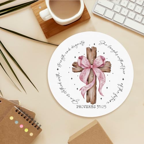 Coquette Pink Bow Cross Christian Mouse Pad, Mouse Pads for Desk, Proverbs 31 Woman Gifts, Religious Bible Verse Mousepad for Office Dorm Computer Laptop Gaming, 8.7x8.7 Inch - color: bow4