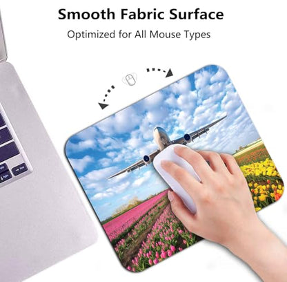 Airplane Flying Over Garden Mouse Pad, Spring Tulip Field Nature Desk Mat | Flowers Scenery Landscape, Anti-Slip Rubber Base, Silky Smooth Surface, Cute Office/Gaming Mousepad - color: Color_CNa